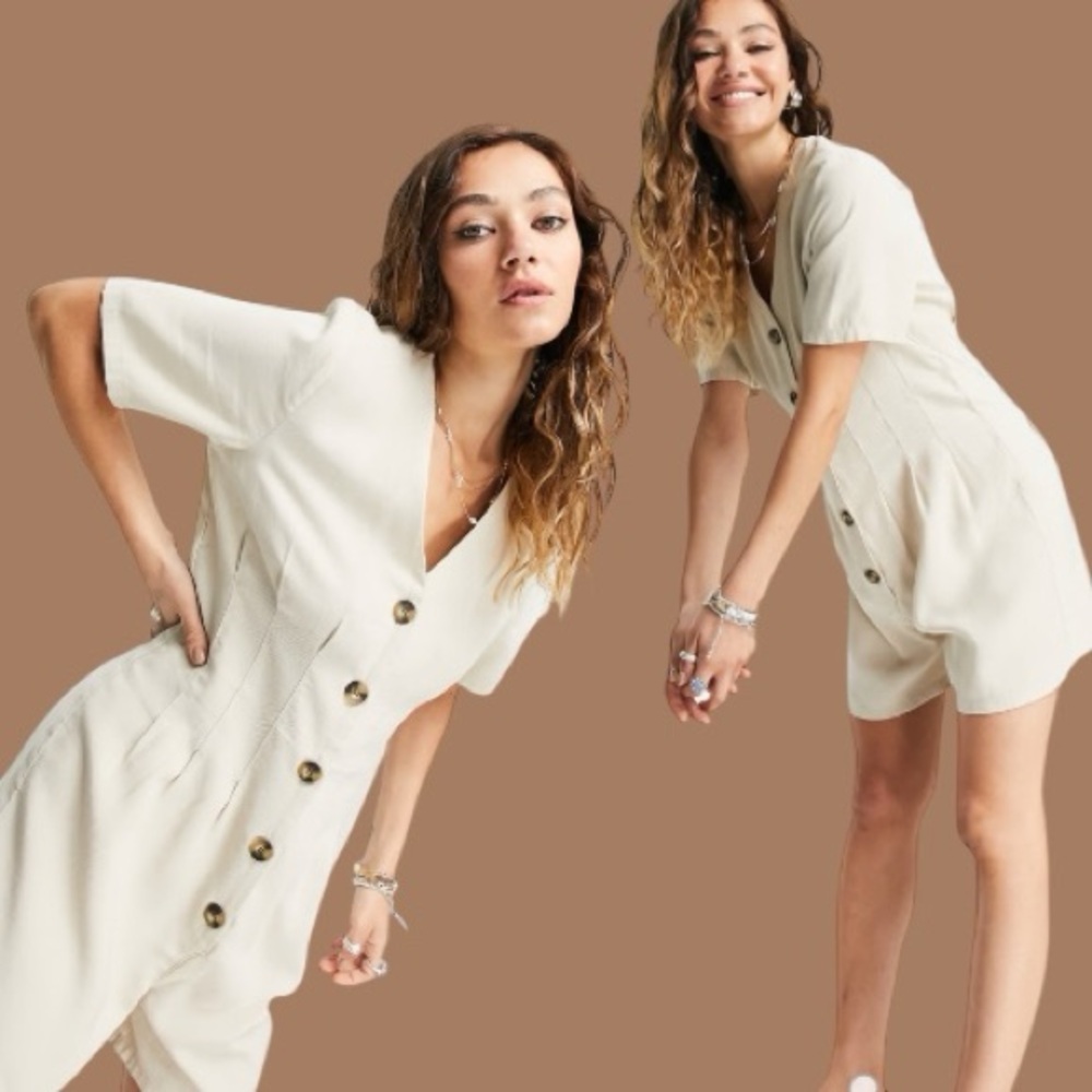 ONLY Beige Eco Viscose Button Front Romper Size M Neutral Minimalist